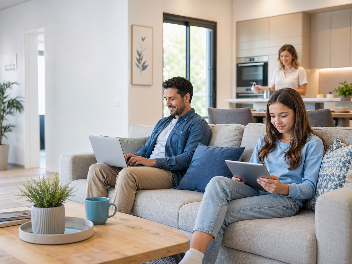 Familia usando internet en casa