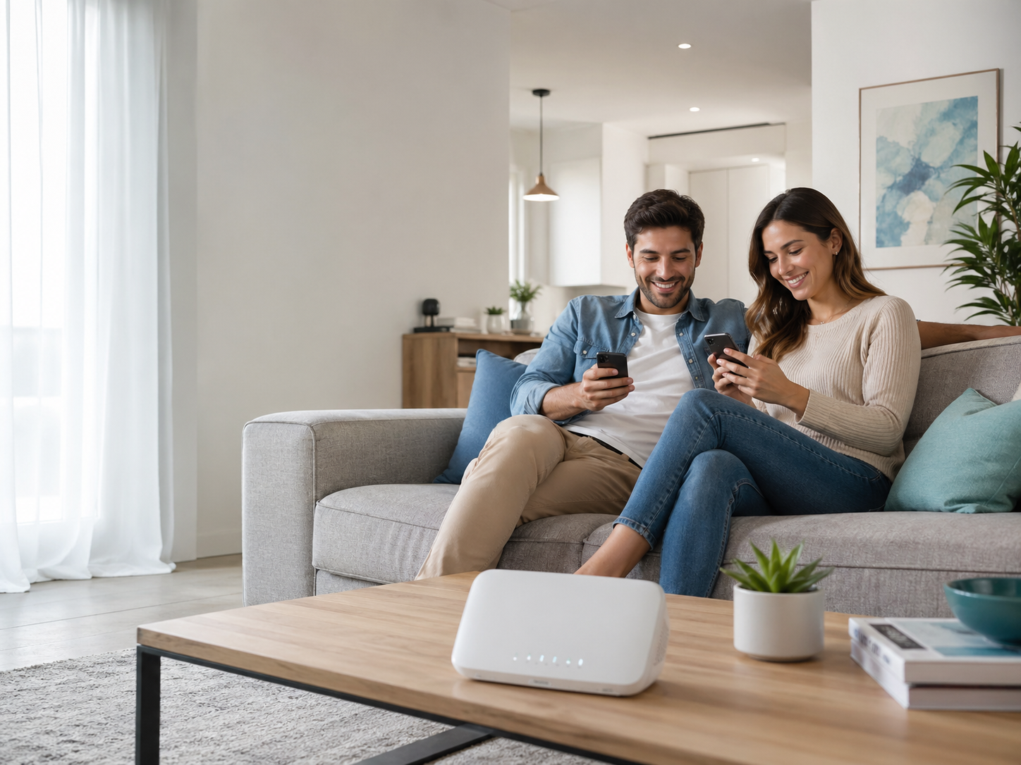 Pareja usando móvil con router en casa