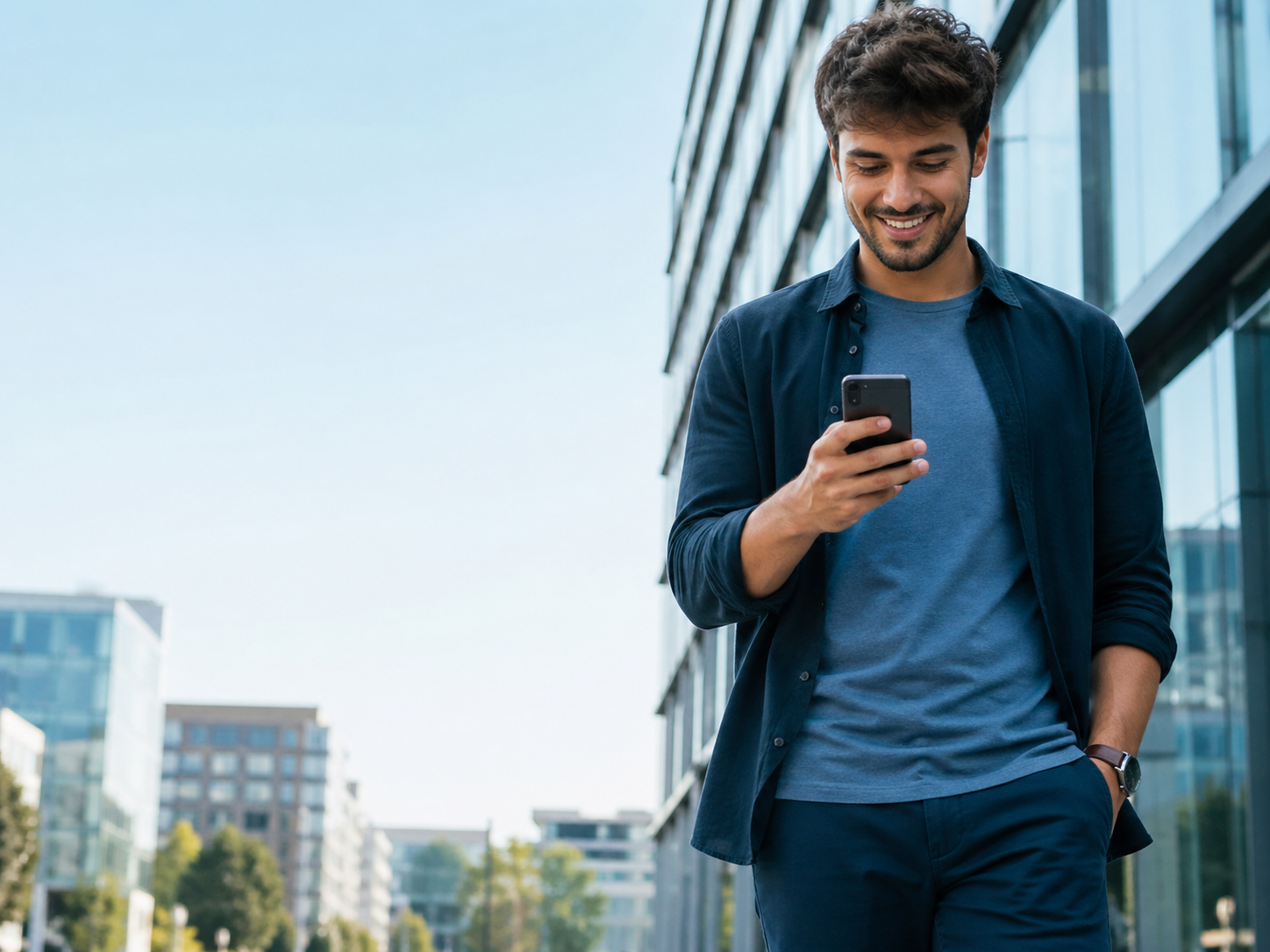 Cliente usando móvil en ciudad